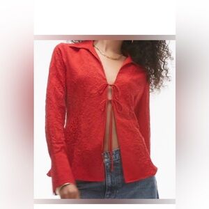NWT Topshop Red Tie-Front Long Sleeve Crinkle Top